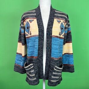 Vintage 70s Gray Blue Yellow Space Dyed Southwestern Cardigan Sweater - Medium